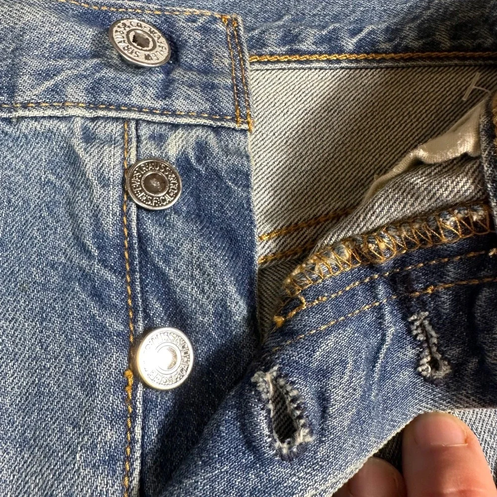 Levi's 501 Original Fit Shorts Women Size 30 Blue Distressed Patch Denim NEW